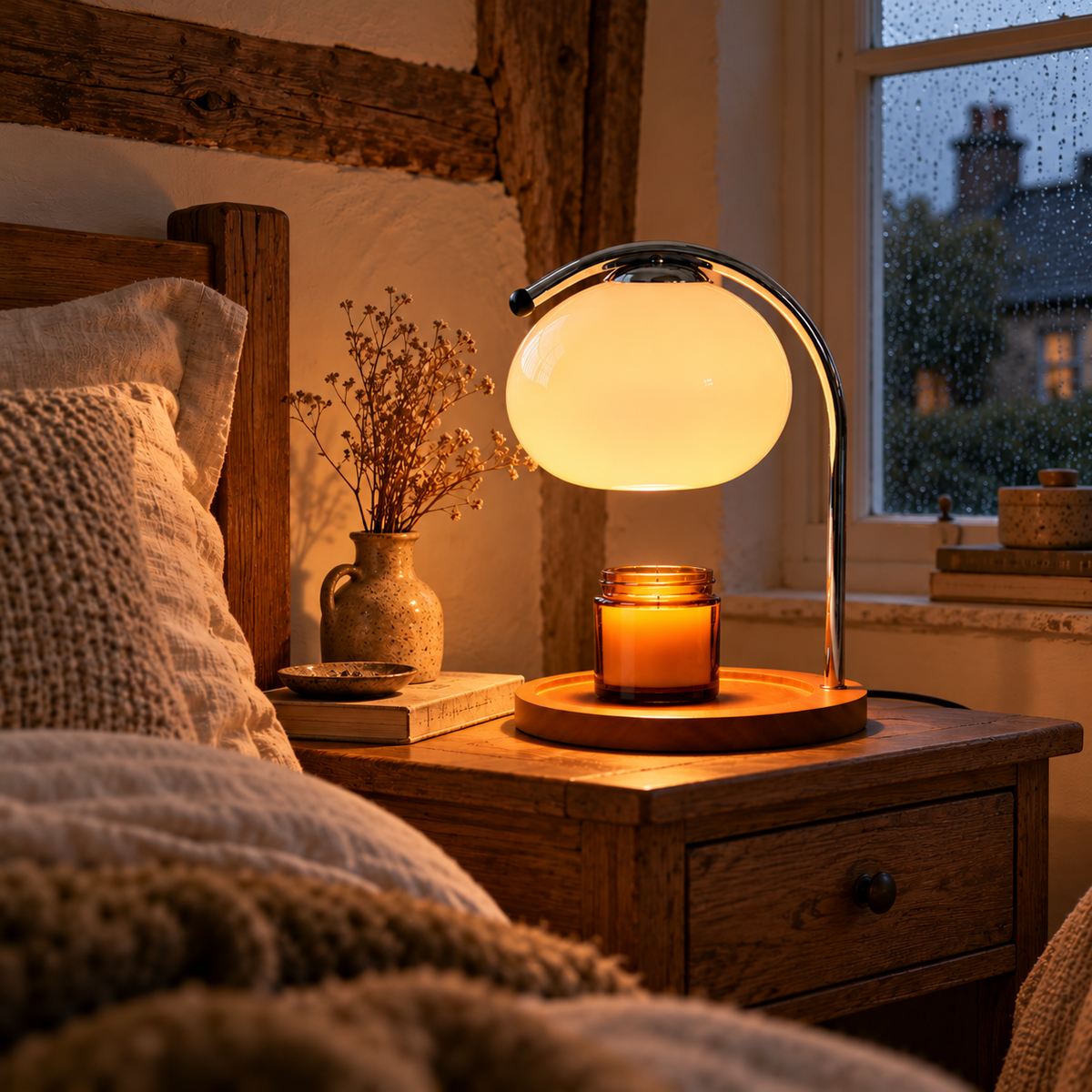 Retro Glass Candle Warmer Lamp | Dimmable Dome Shade, Wood Base, Milky White, Orange or Yellow