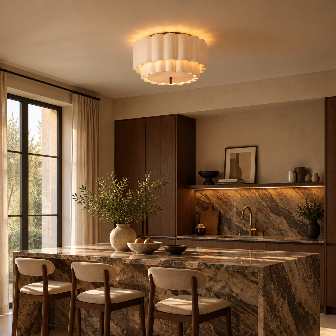 Pleated Fabric Ceiling Light | Two-Tier Semi-Flush Cream, 45-65 cm, Low Ceilings