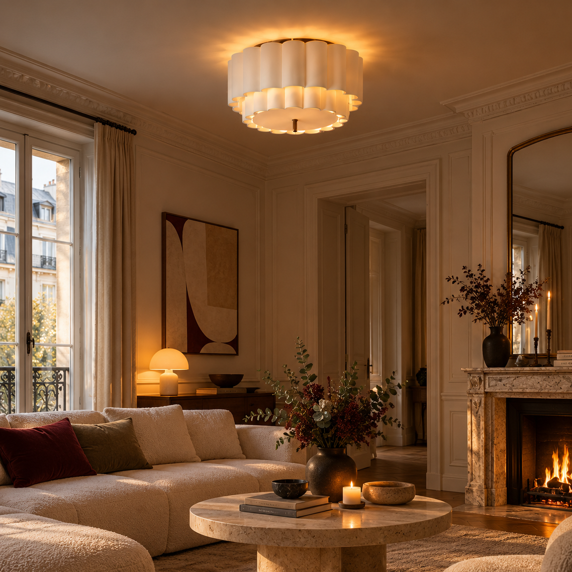 Pleated Fabric Ceiling Light | Two-Tier Semi-Flush Cream, 45-65 cm, Low Ceilings