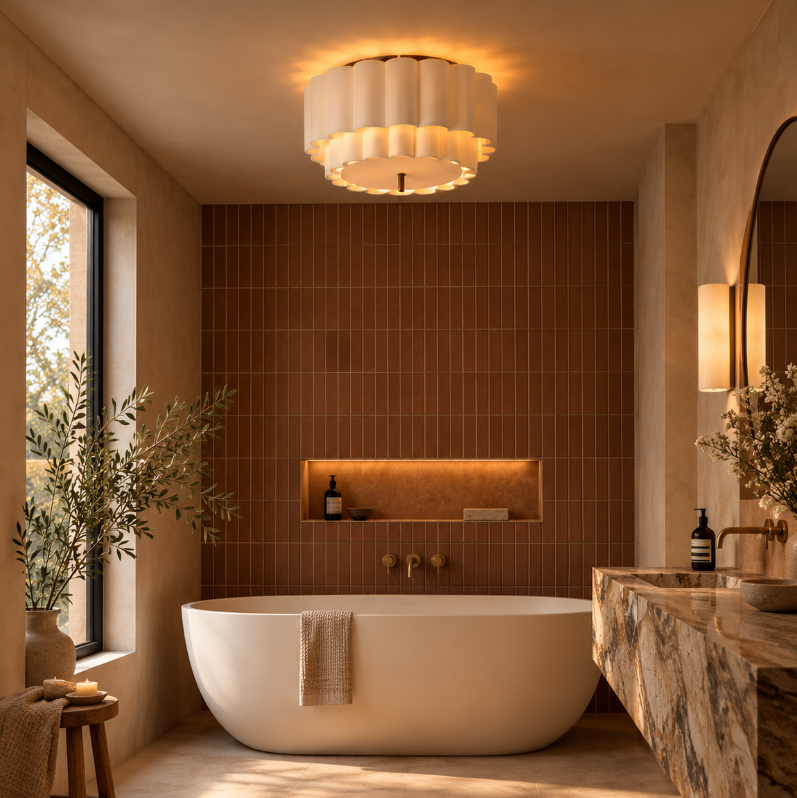 Pleated Fabric Ceiling Light | Two-Tier Semi-Flush Cream, 45-65 cm, Low Ceilings