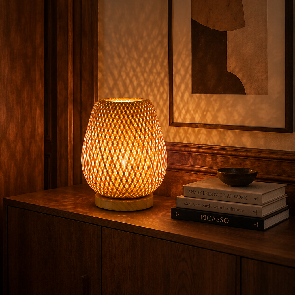 Woven bamboo table lamp beside a stone fireplace