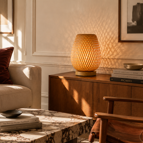 Woven bamboo table lamp in a sunlit living room