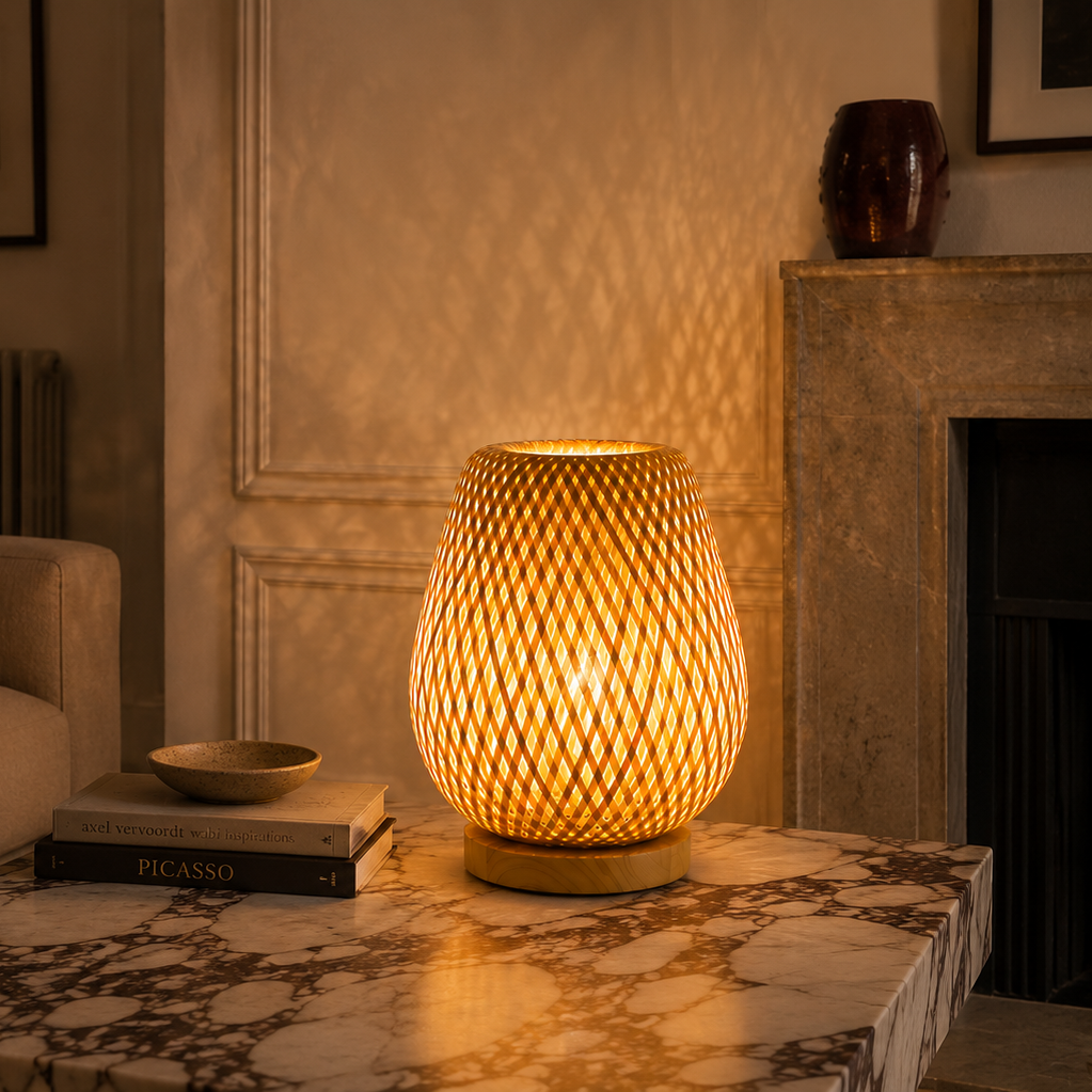 Woven bamboo table lamp on a marble console table