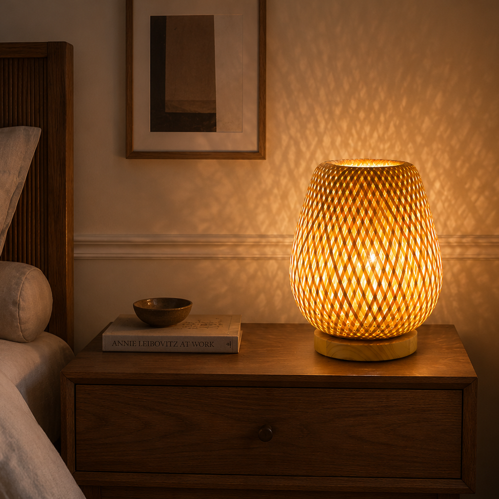 Woven bamboo table lamp glowing on a wooden sideboard