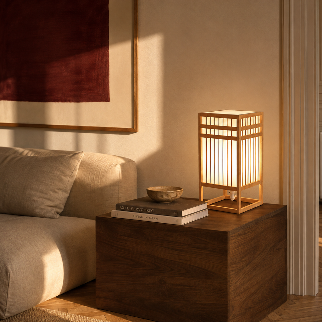 Woven bamboo lattice table lamp beside a bed