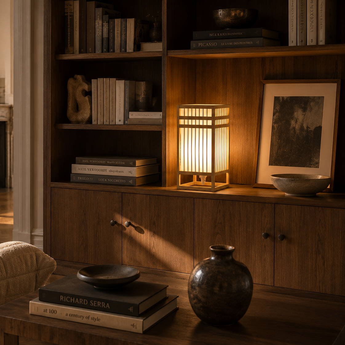 Woven bamboo lattice table lamp on a bookshelf