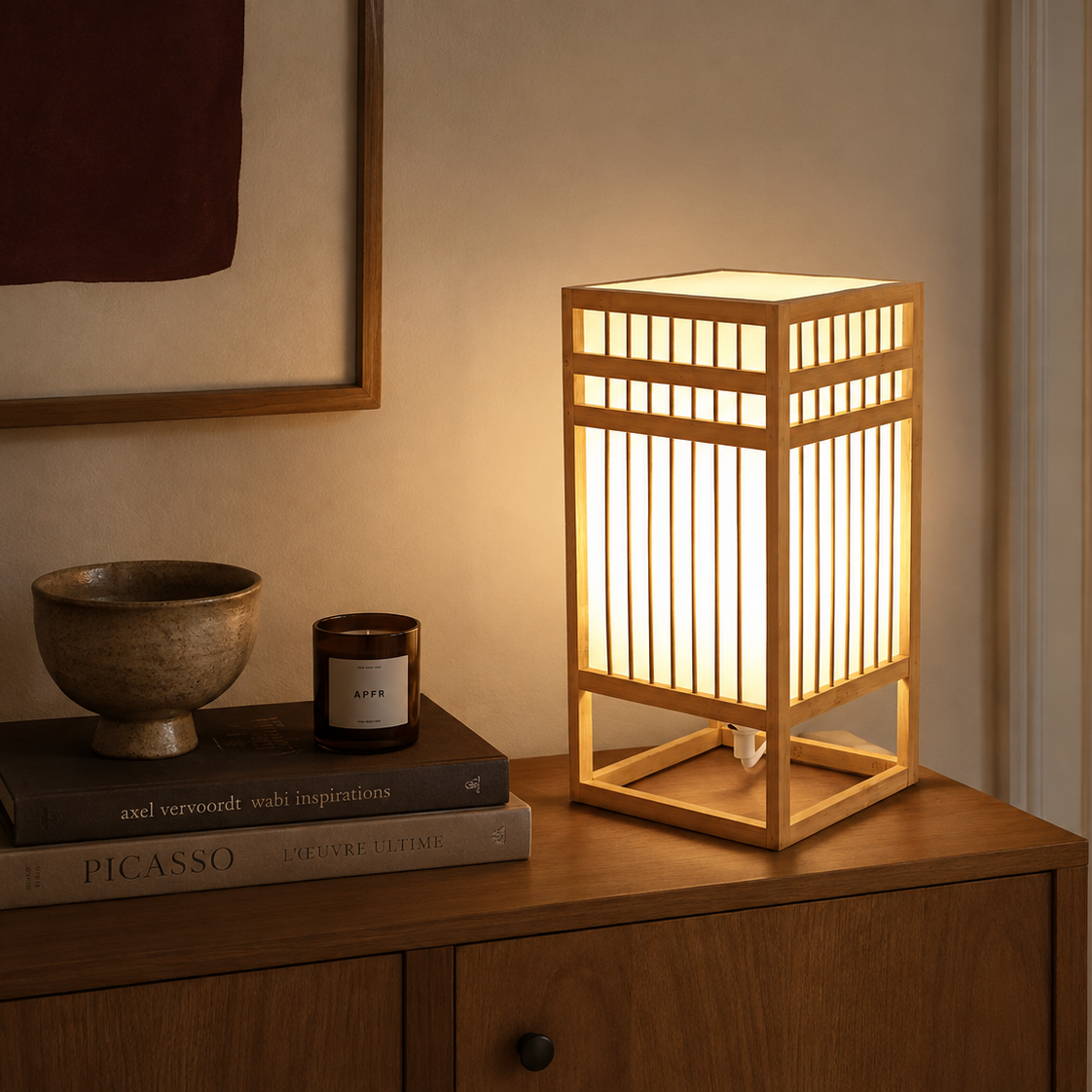 Woven bamboo lattice table lamp on a console table