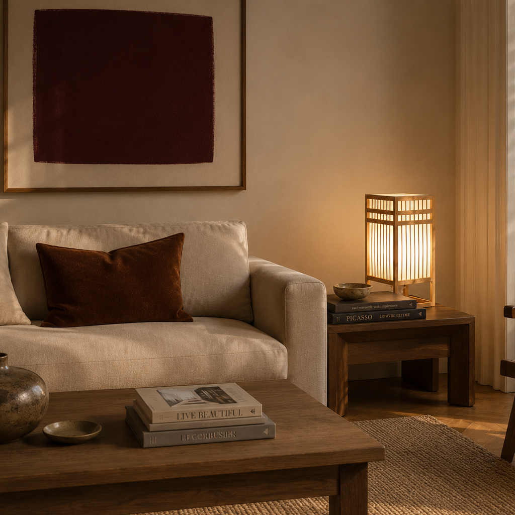 Woven bamboo lattice table lamp in a warm living room