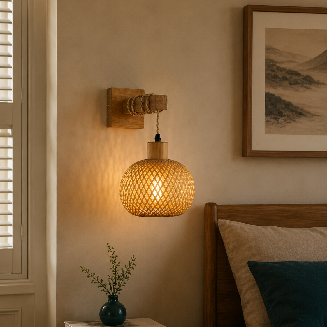 Bamboo woven wall light - bedroom 3