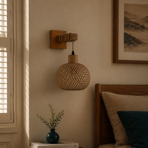 Bamboo woven wall light - bedroom