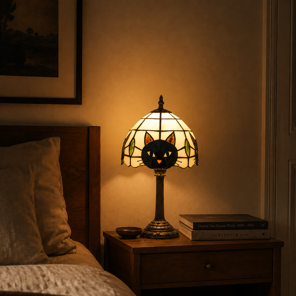 Stained-glass cat table lamp lit beside the bed