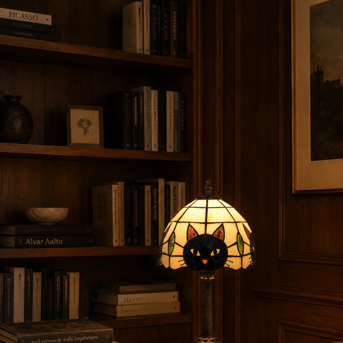 Stained-glass cat table lamp on a shelf beside stacked books
