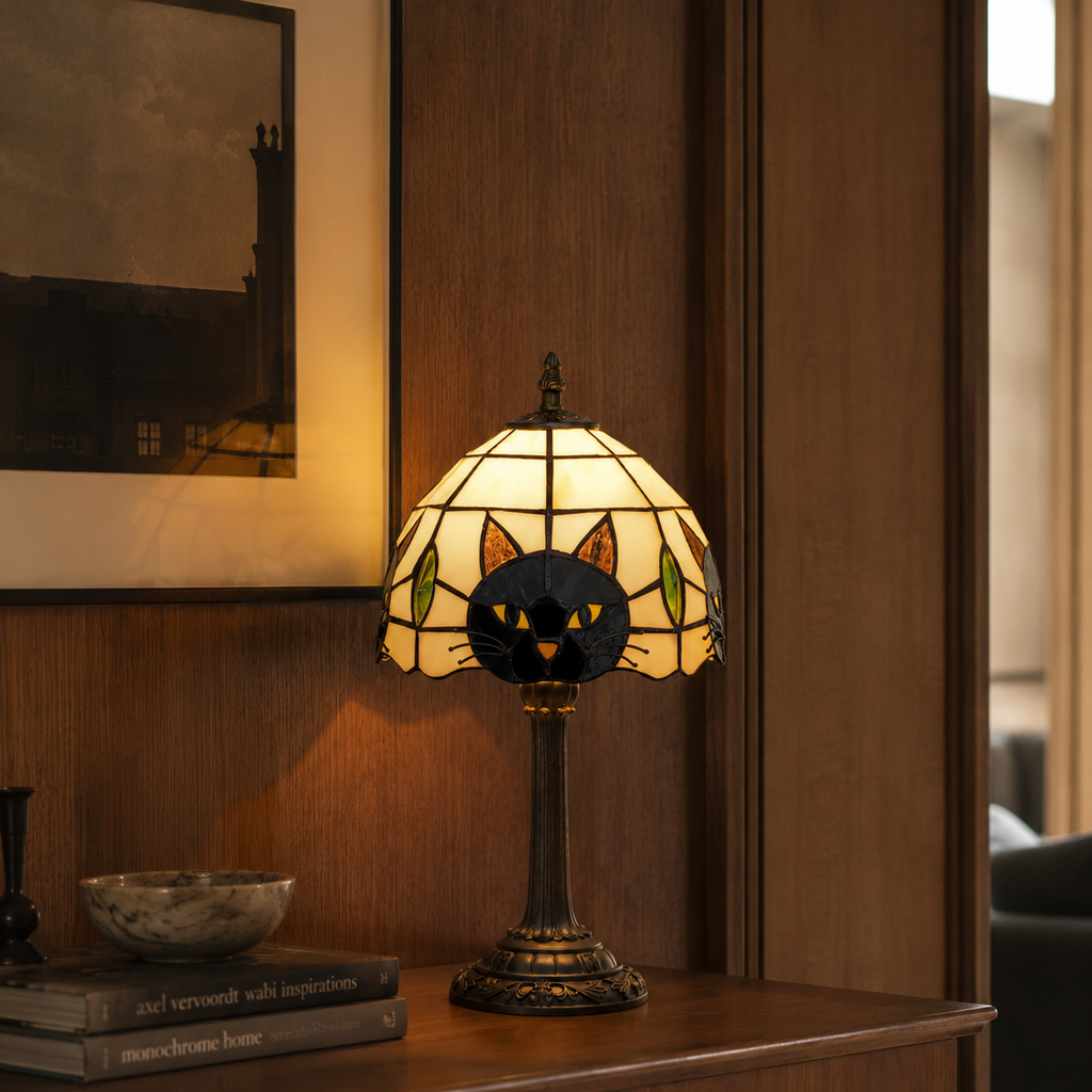 Cream stained-glass cat table lamp on a console