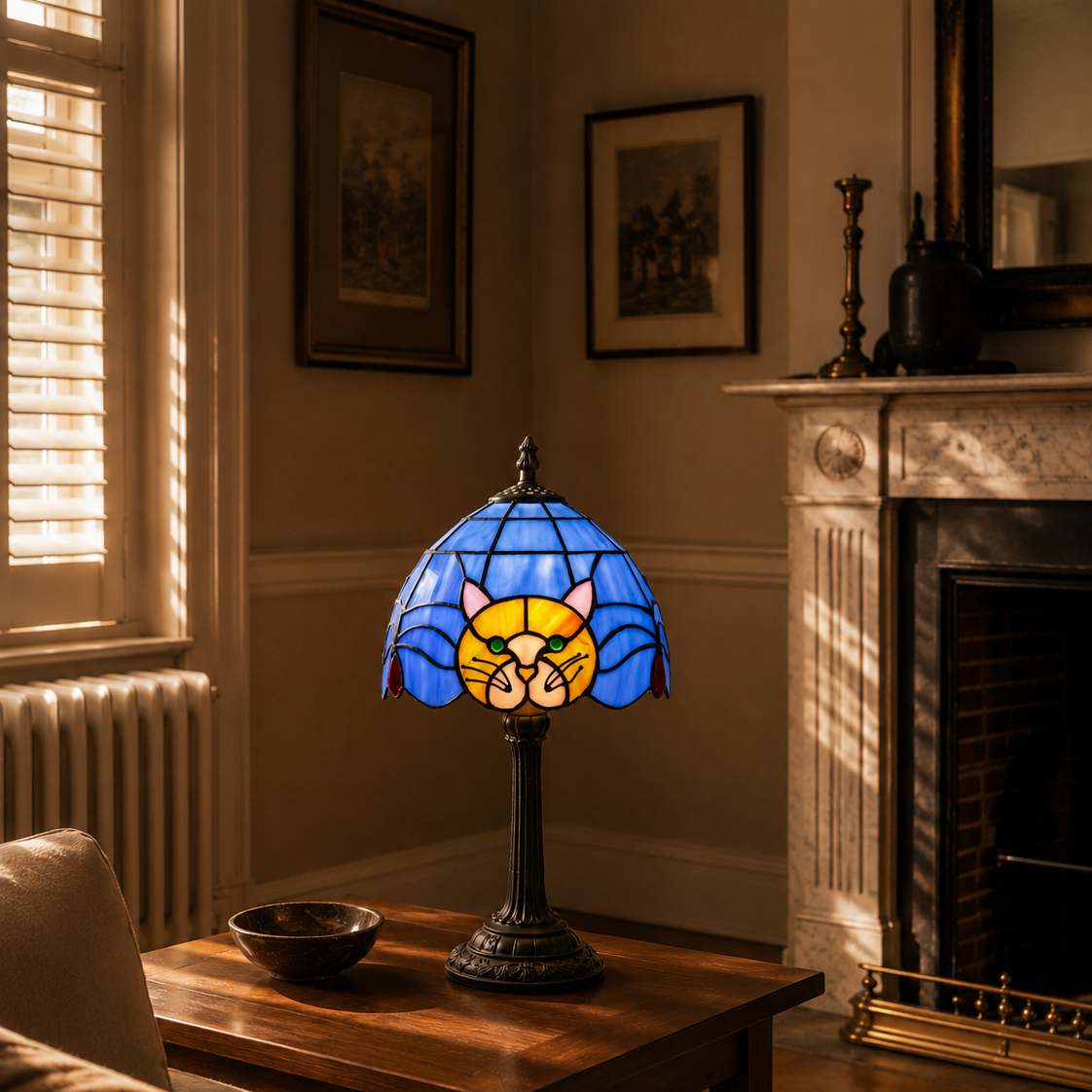 Stained-glass black cat table lamp beside a marble fireplace