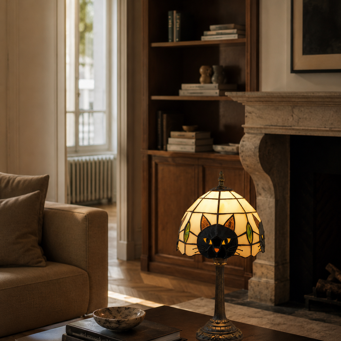 Cream stained-glass cat table lamp in a book-lined living room