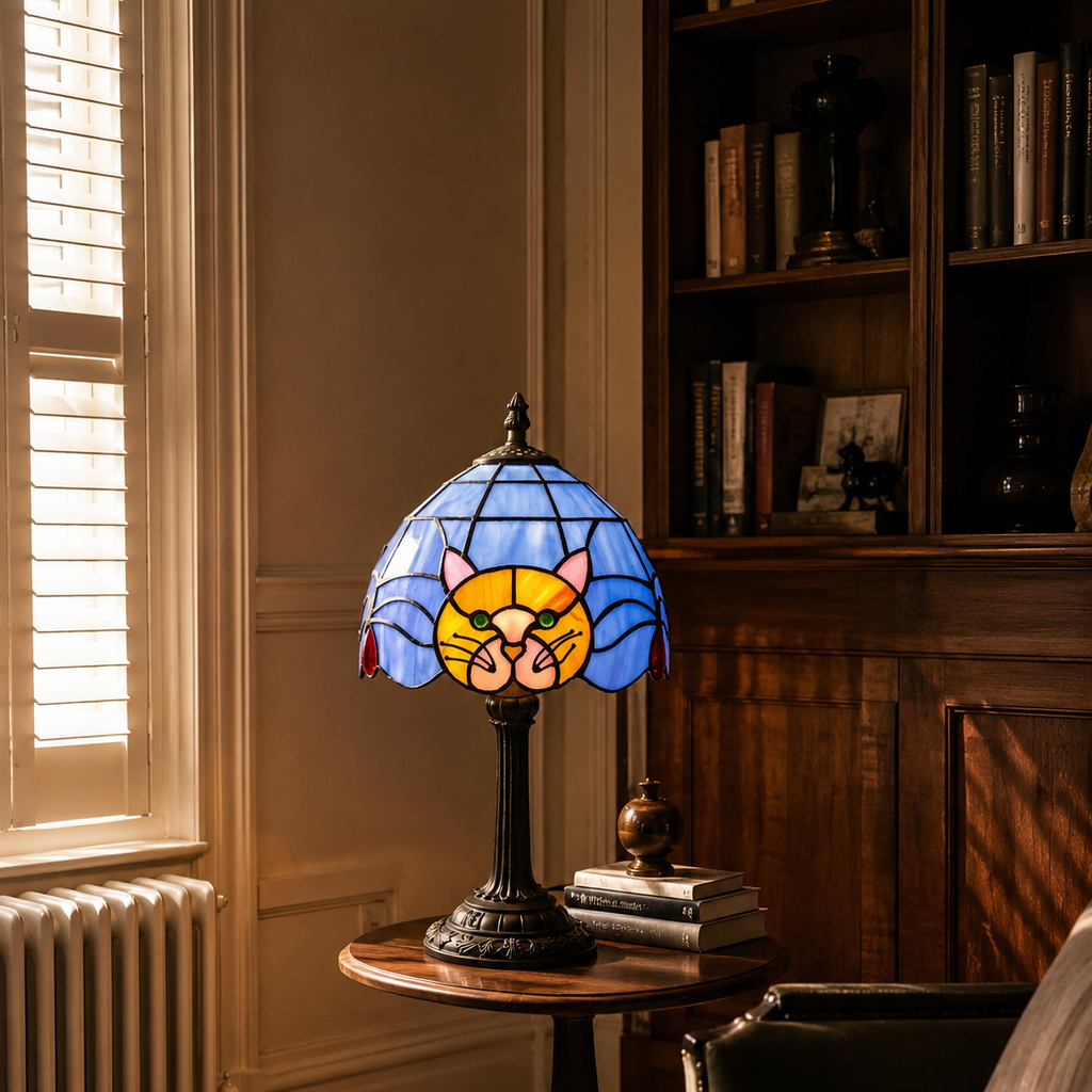 Stained-glass black cat table lamp beside a shuttered window