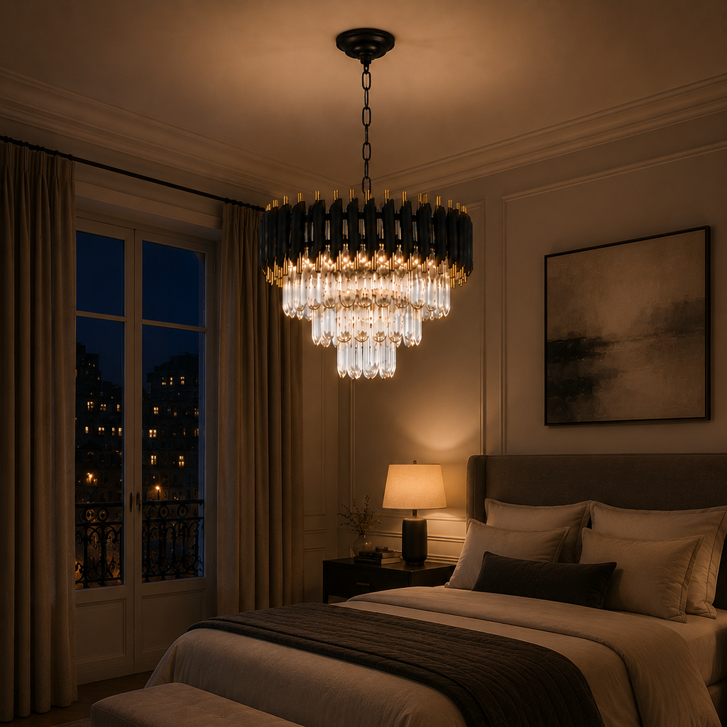 Black and gold crystal chandelier - bedroom