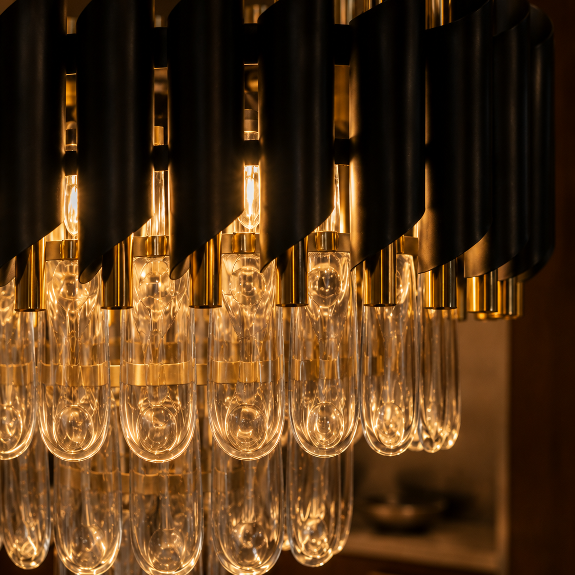 Black and gold crystal chandelier - close-up detail