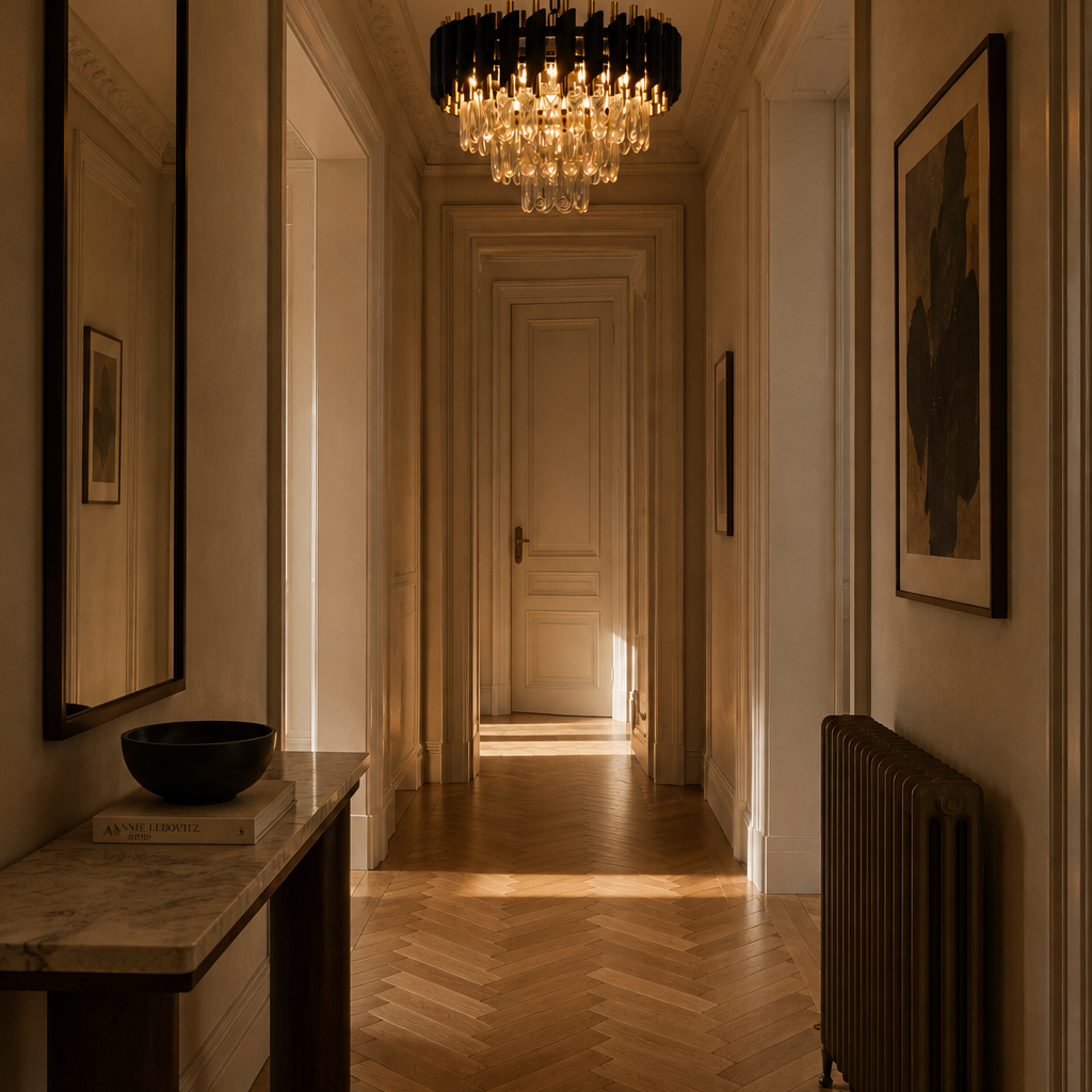 Black and gold crystal chandelier - hallway