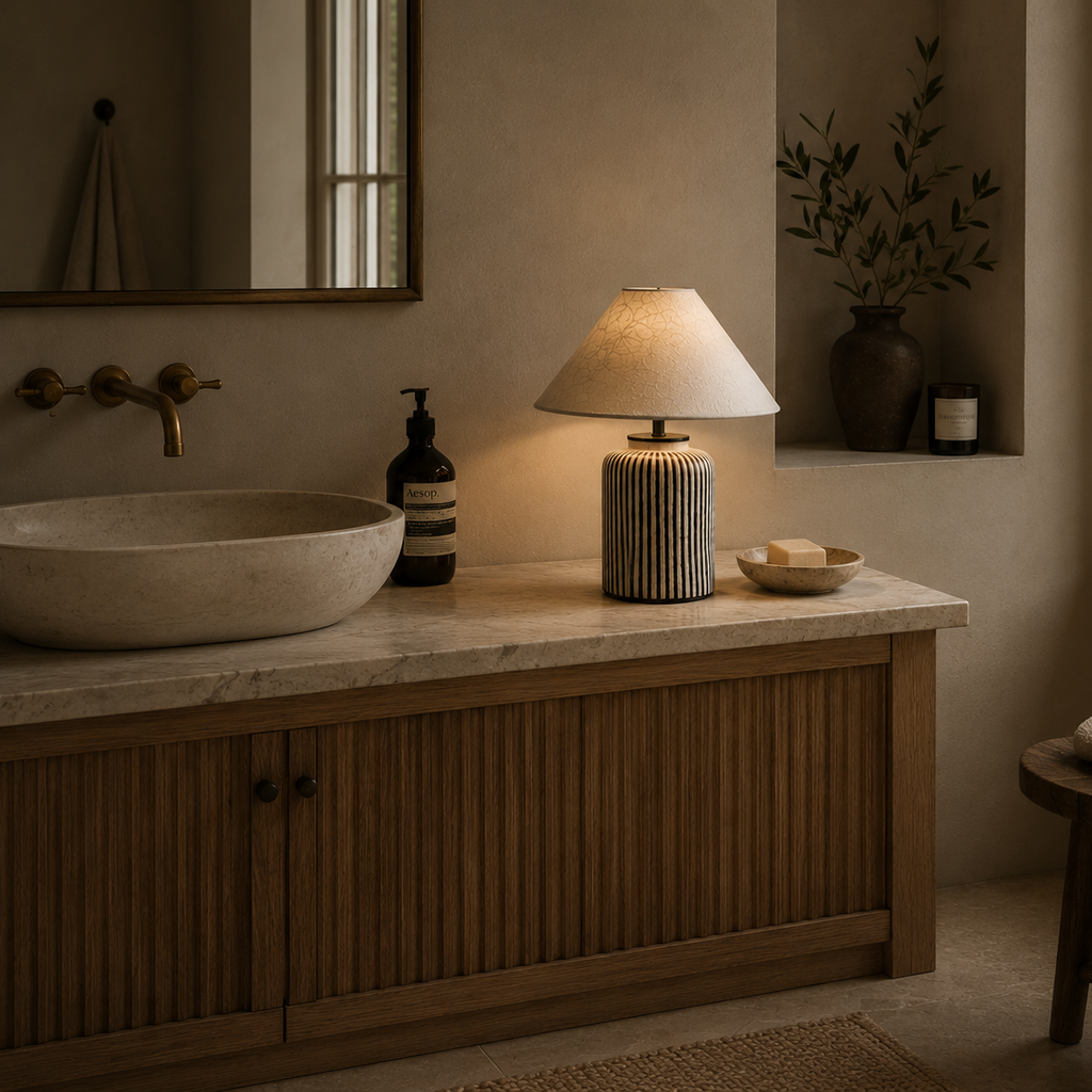 Striped ceramic table lamp on a stone bathroom vanity