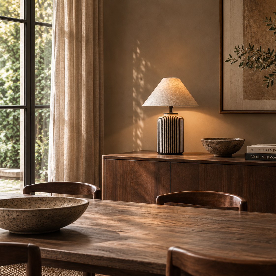 Striped ceramic table lamp on a dining table beside tall windows