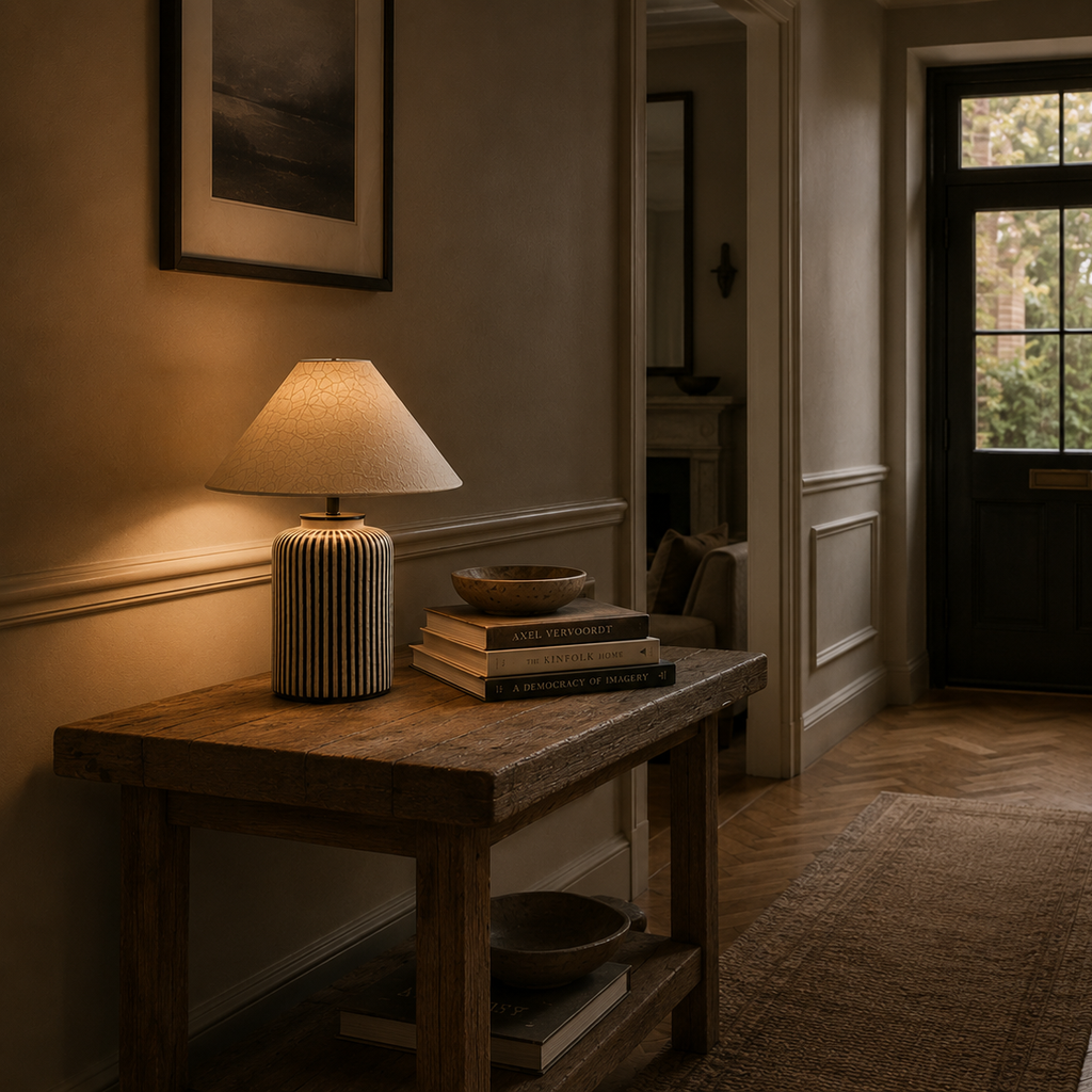Striped ceramic table lamp on a console near a panelled entrance