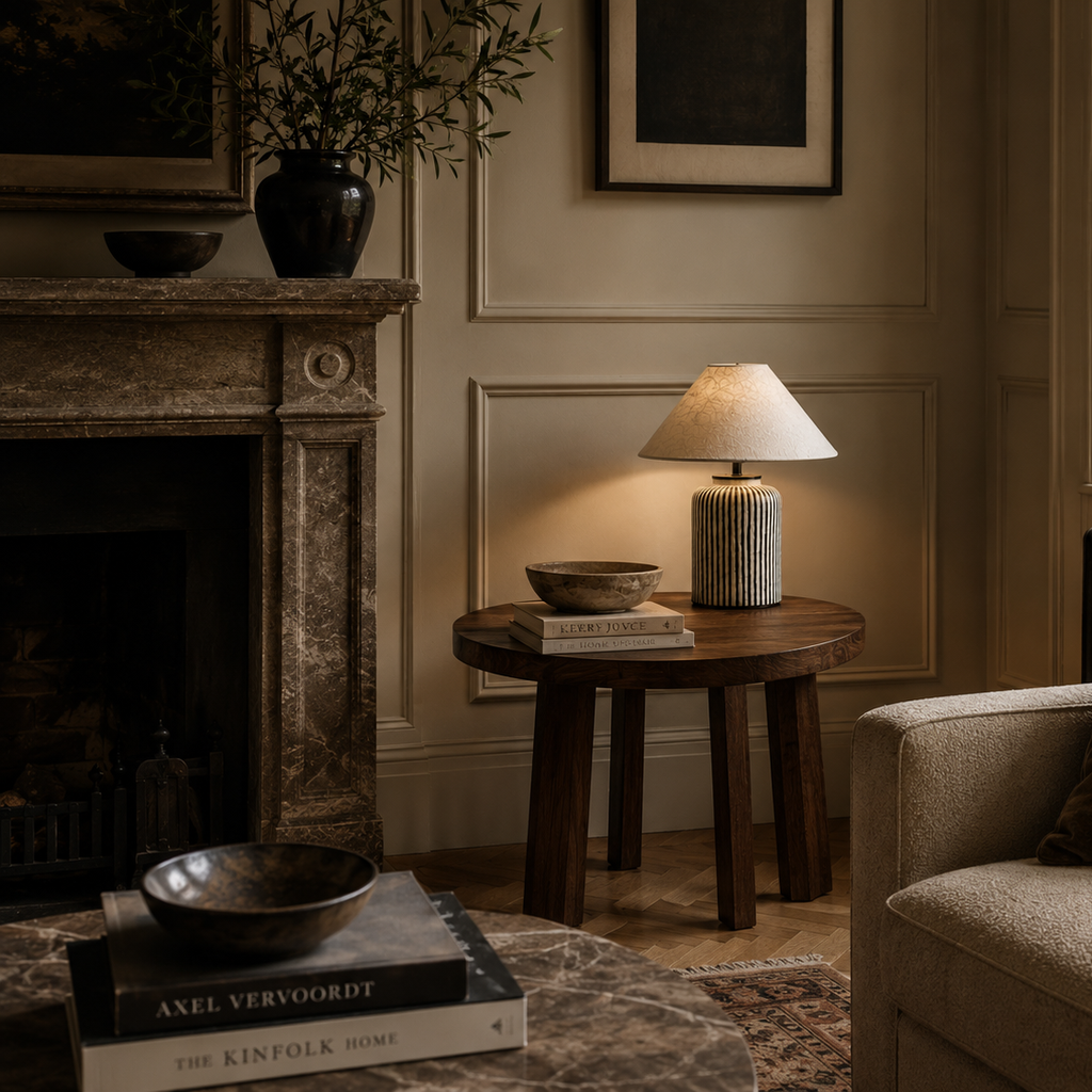 Striped ceramic table lamp beside a stone fireplace