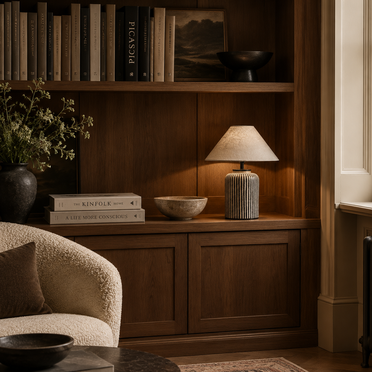 Striped ceramic table lamp beside a bouclé reading chair