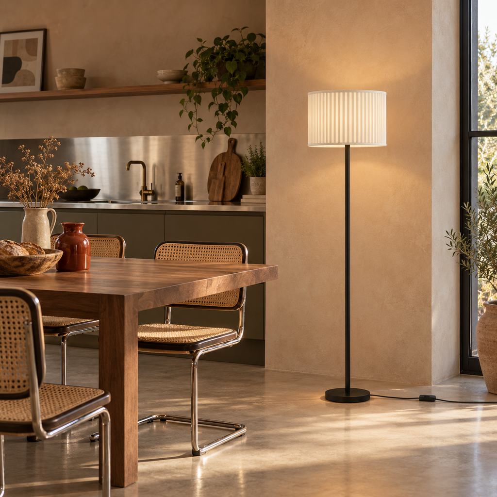 French Pleated Fabric Floor Lamp - Remote Dimmable Living Room Light