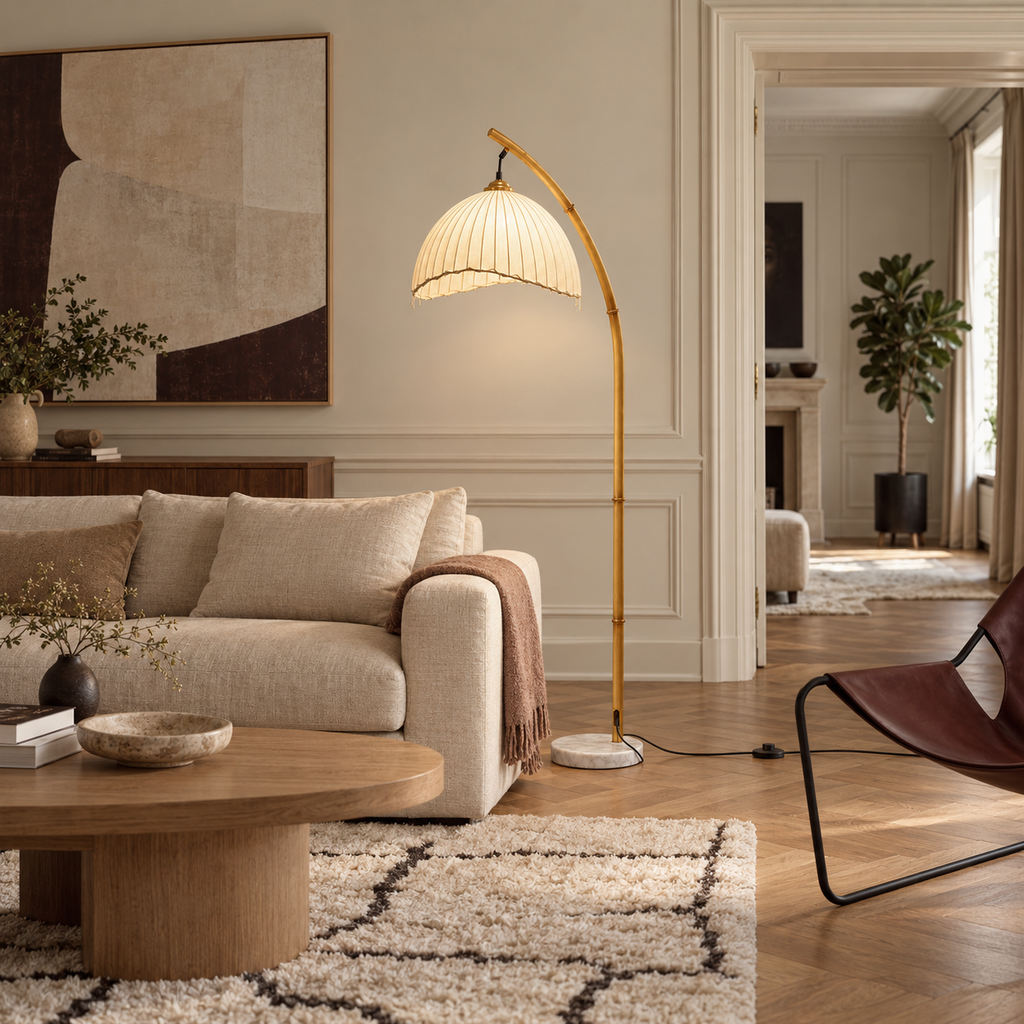 Bamboo-Effect Arc Floor Lamp - Japanese Lantern Marble Base Living Room