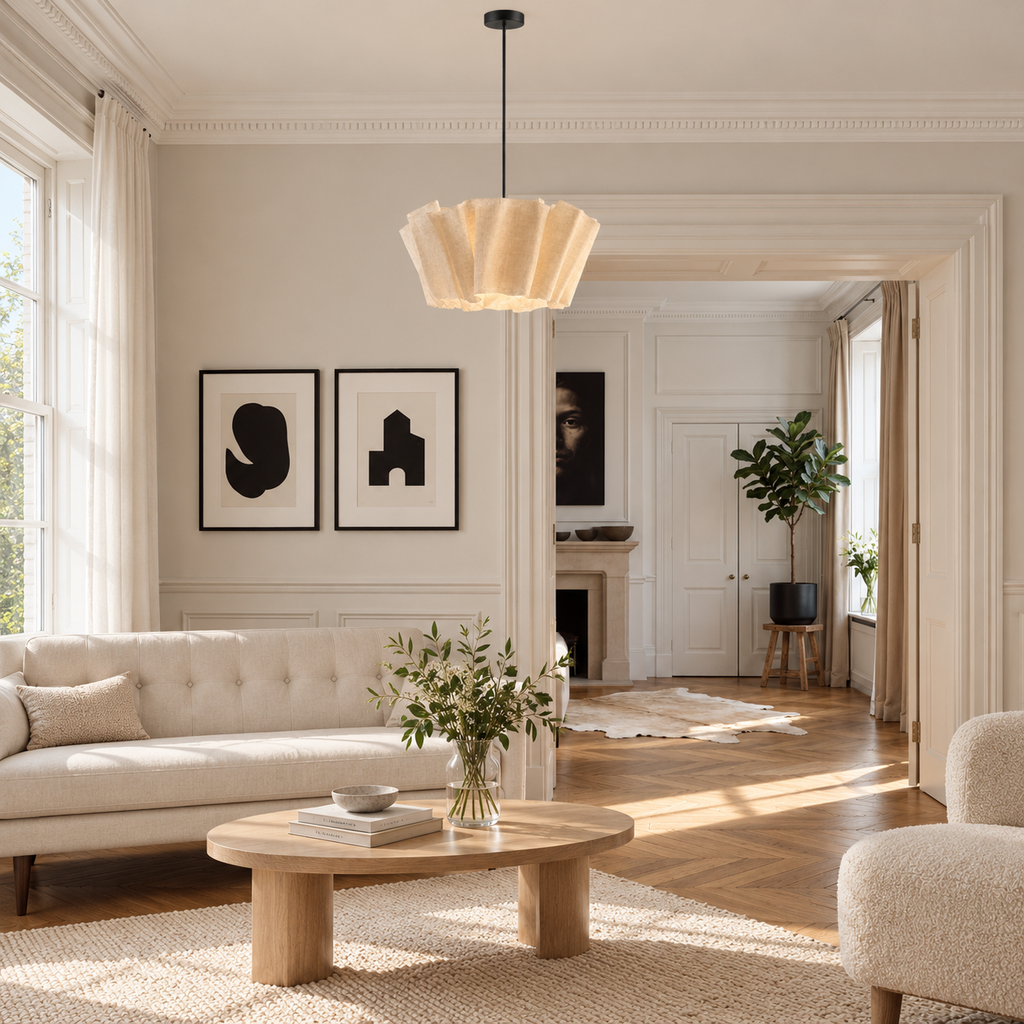 Wabi Sabi Pendant Light - Pleated Linen Japandi Ceiling Lamp for Bedroom & Study, E27 Warm White