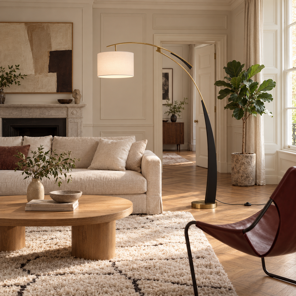Arc Floor Lamp 180cm - Modern Fabric Shade Living Room Standing Light