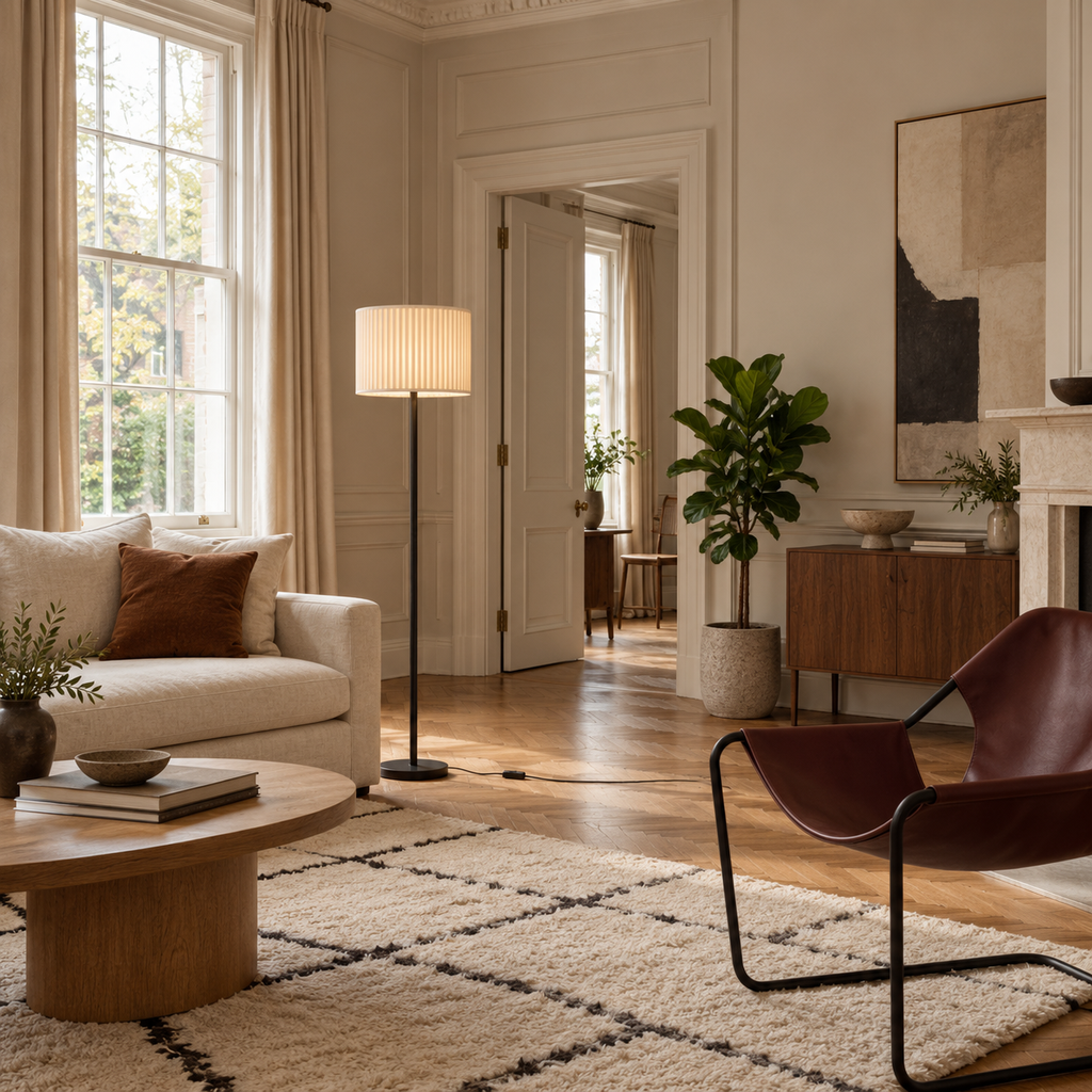 French Pleated Fabric Floor Lamp - Remote Dimmable Living Room Light