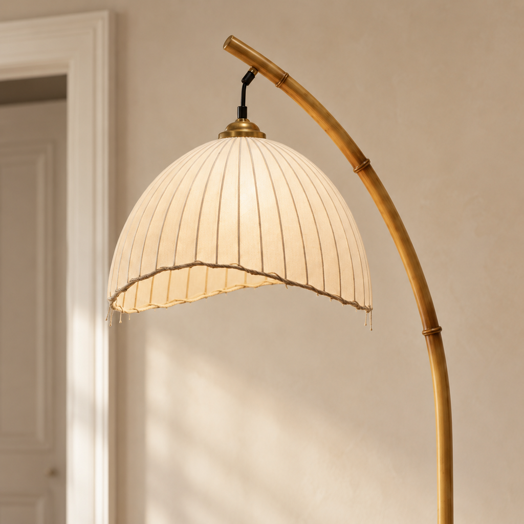 Bamboo-Effect Arc Floor Lamp - Japanese Lantern Marble Base Living Room