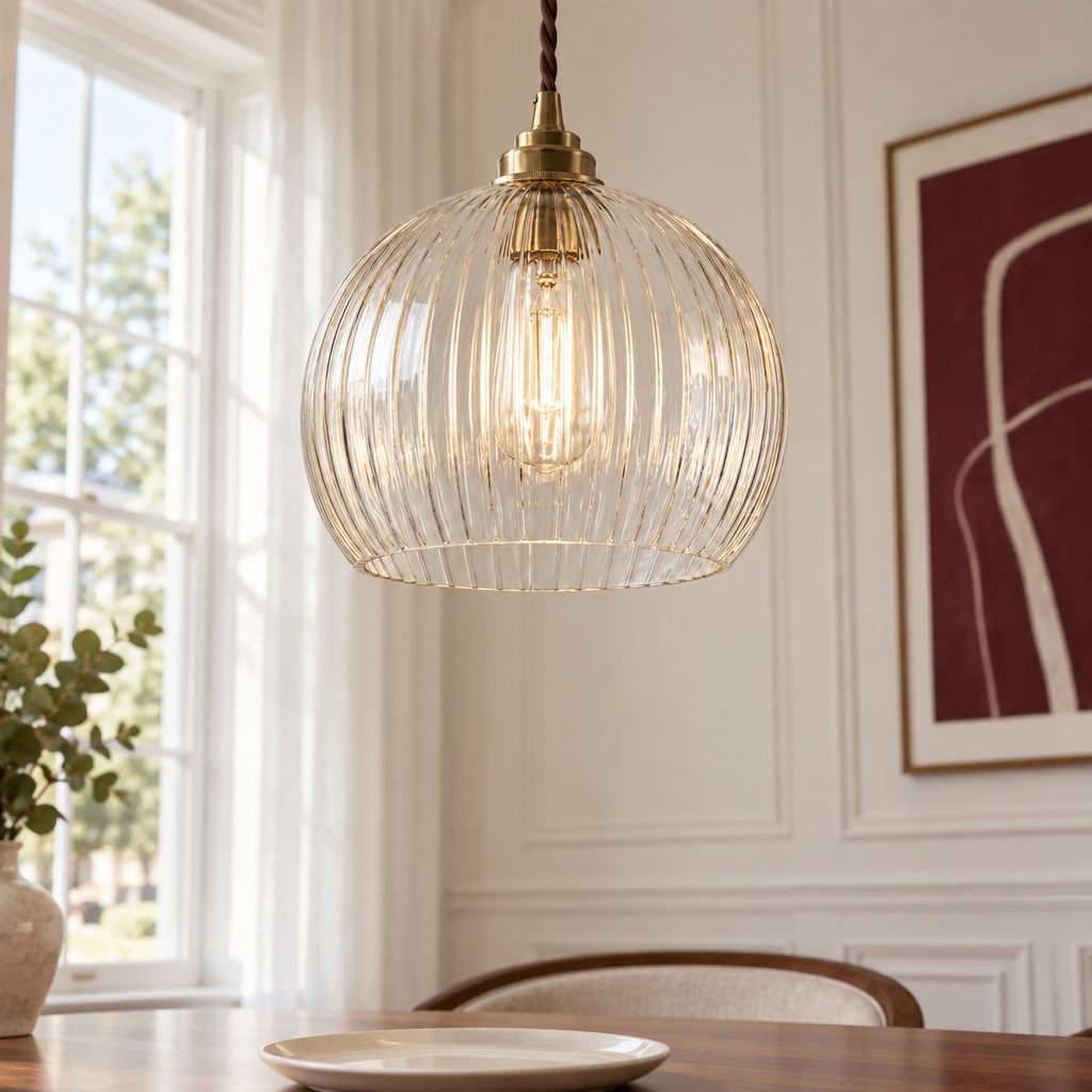 Ribbed Glass Pendant Light 20cm - Vintage Copper Globe Kitchen Light
