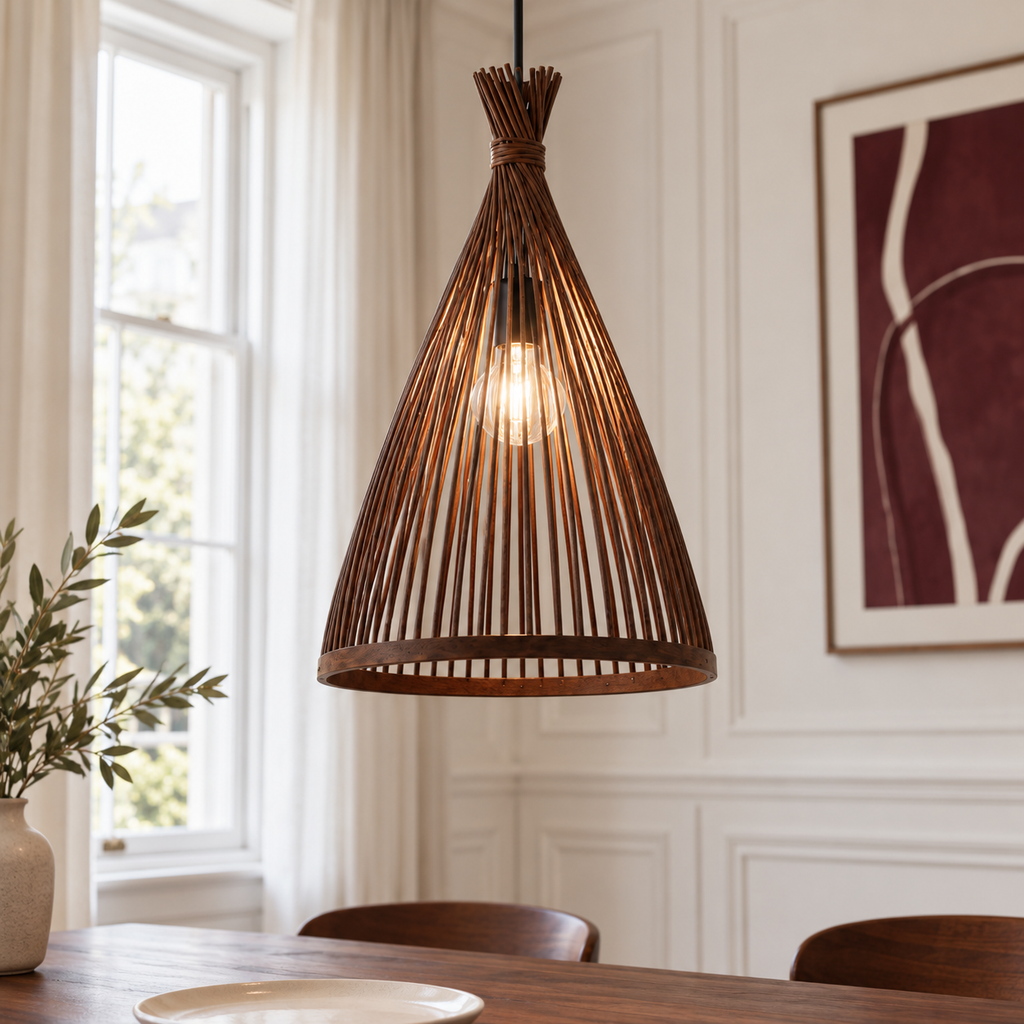 Bamboo & Rattan Pendant Light - Handmade Woven Cone Dining Room Light