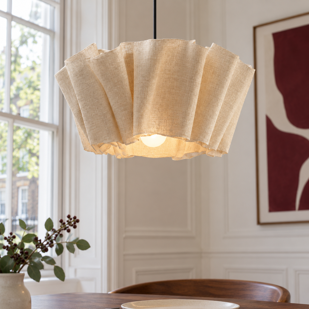 Wabi Sabi Pendant Light - Pleated Linen Japandi Ceiling Lamp for Bedroom & Study, E27 Warm White