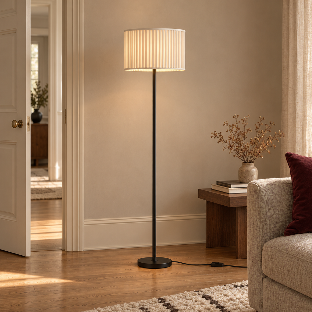 French Pleated Fabric Floor Lamp - Remote Dimmable Living Room Light