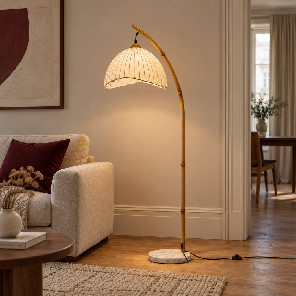 Bamboo-Effect Arc Floor Lamp - Japanese Lantern Marble Base Living Room