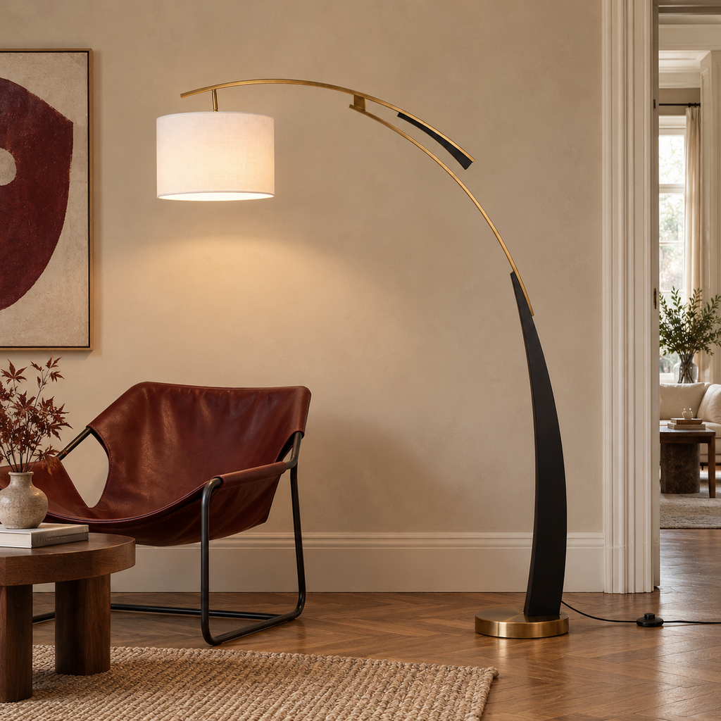 Arc Floor Lamp 180cm - Modern Fabric Shade Living Room Standing Light