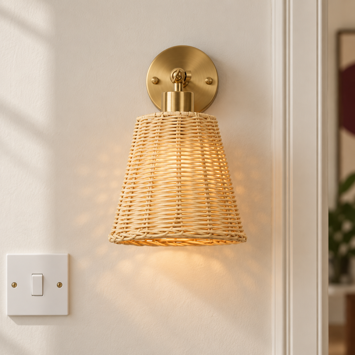 Rattan Swing Arm Wall Light - Rechargeable Bedside Sconce with Remote