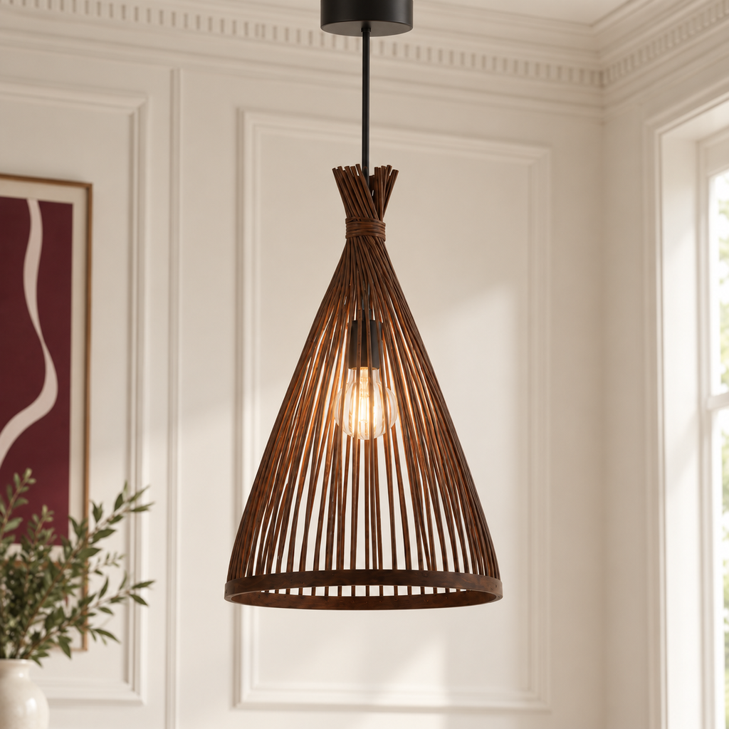 Bamboo & Rattan Pendant Light - Handmade Woven Cone Dining Room Light