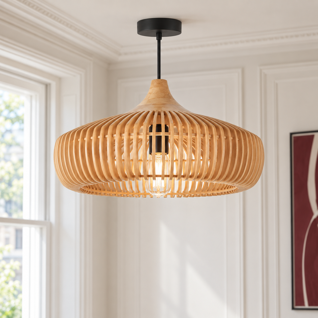 Wooden Pendant Light 43cm - Scandinavian Slatted Dining Room Light