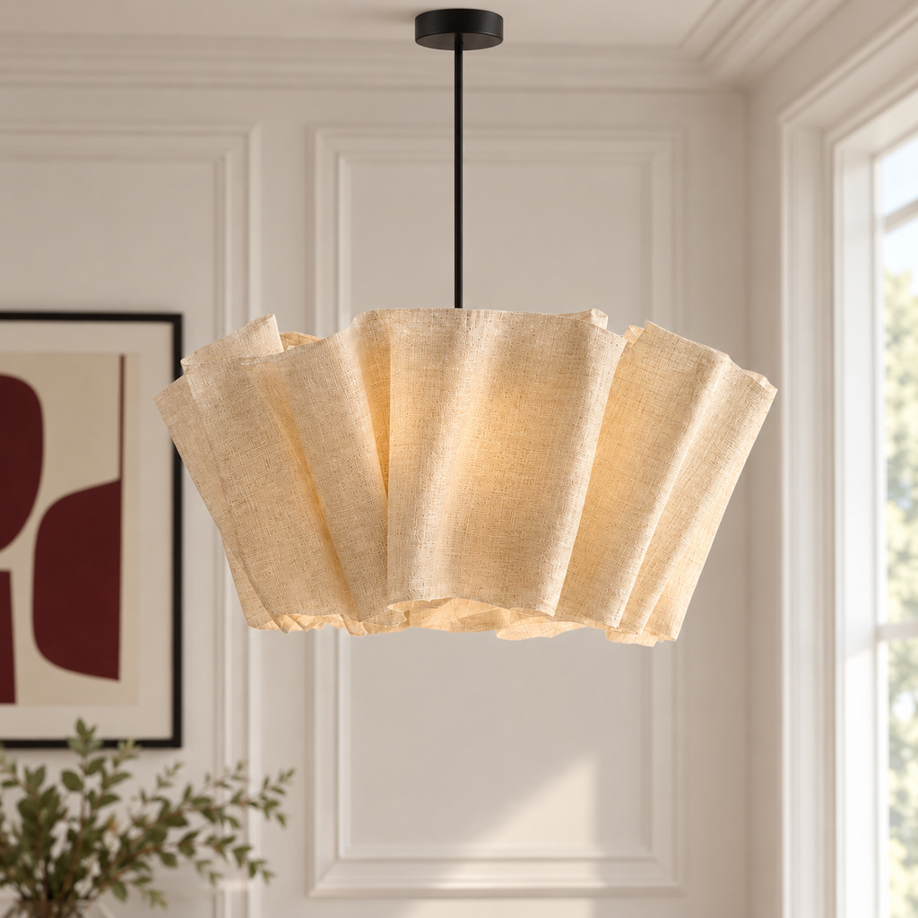 Wabi Sabi Pendant Light - Pleated Linen Japandi Ceiling Lamp for Bedroom & Study, E27 Warm White