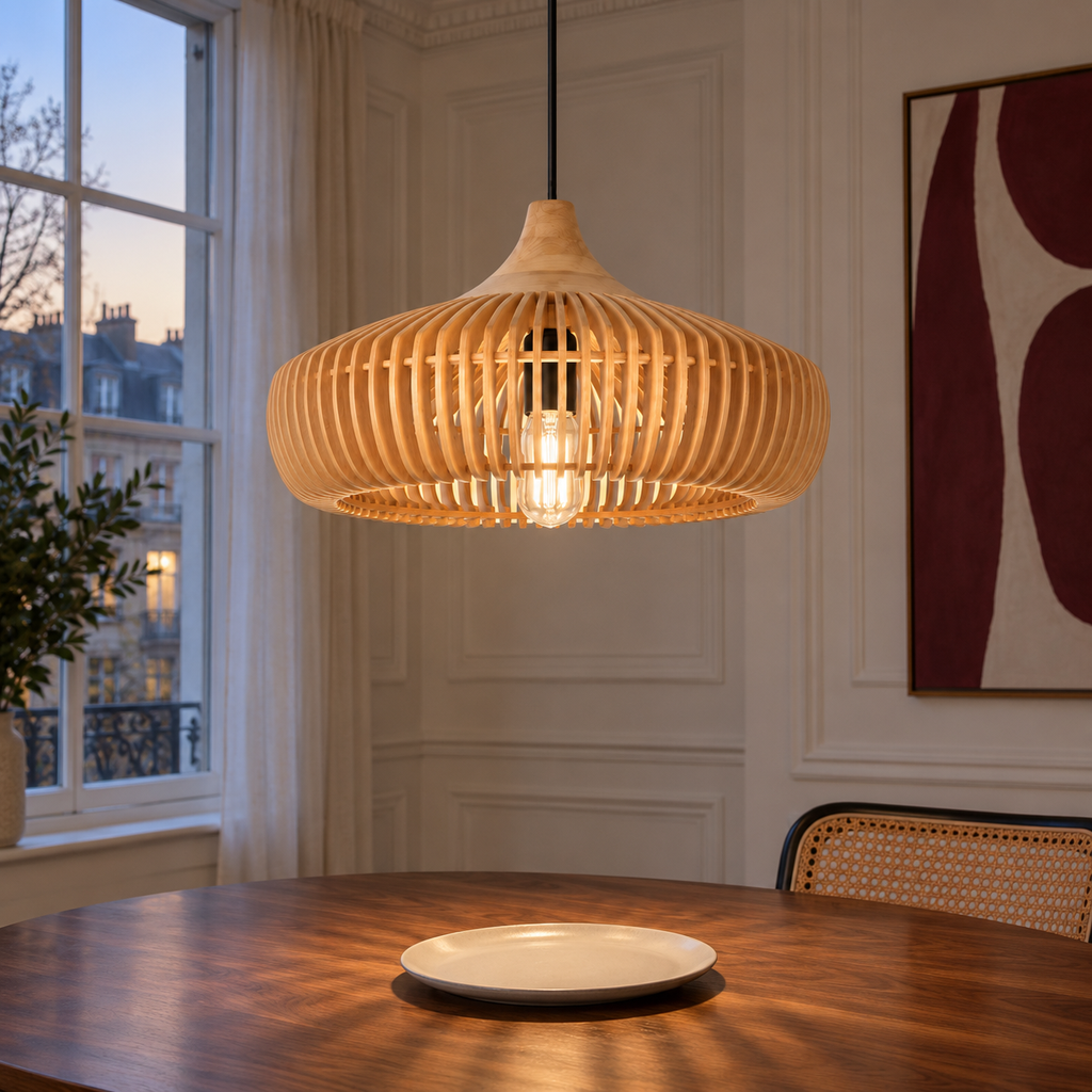 Wooden Pendant Light 43cm - Scandinavian Slatted Dining Room Light