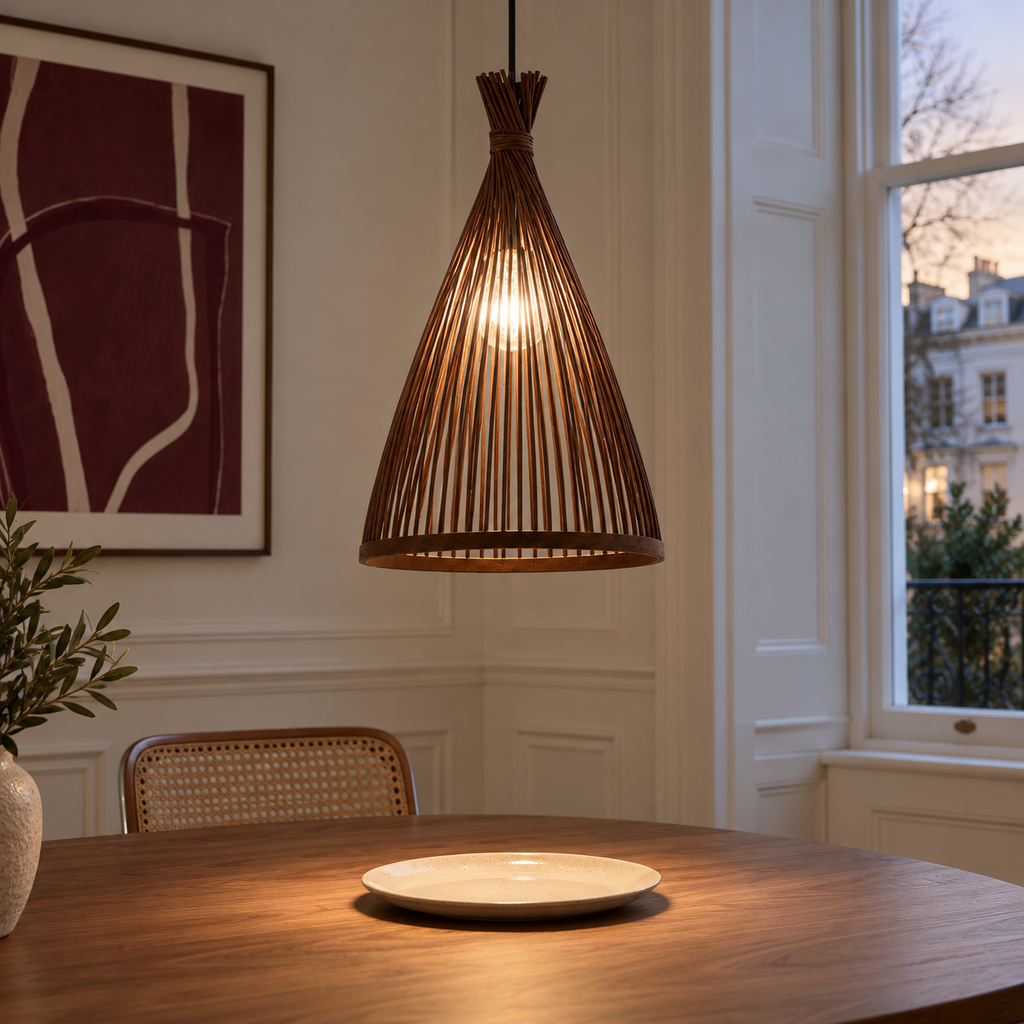 Bamboo & Rattan Pendant Light - Handmade Woven Cone Dining Room Light