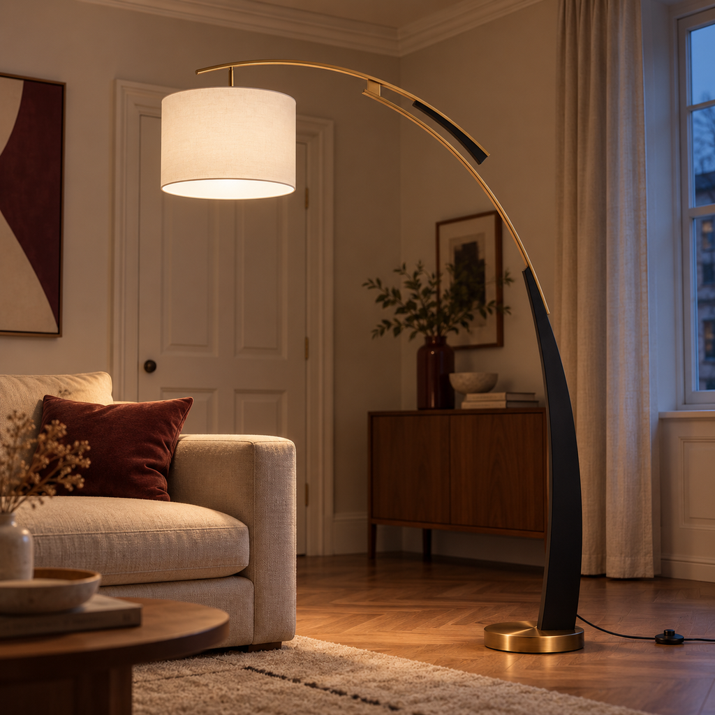 Arc Floor Lamp 180cm - Modern Fabric Shade Living Room Standing Light