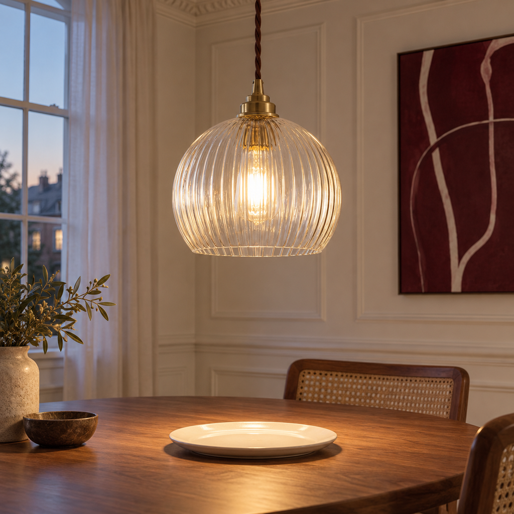 Ribbed Glass Pendant Light 20cm - Vintage Copper Globe Kitchen Light