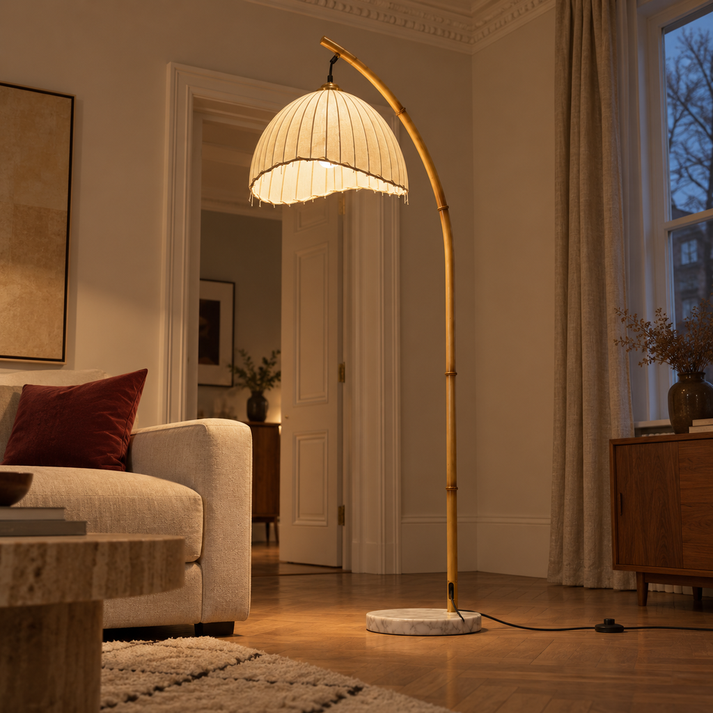 Bamboo-Effect Arc Floor Lamp - Japanese Lantern Marble Base Living Room