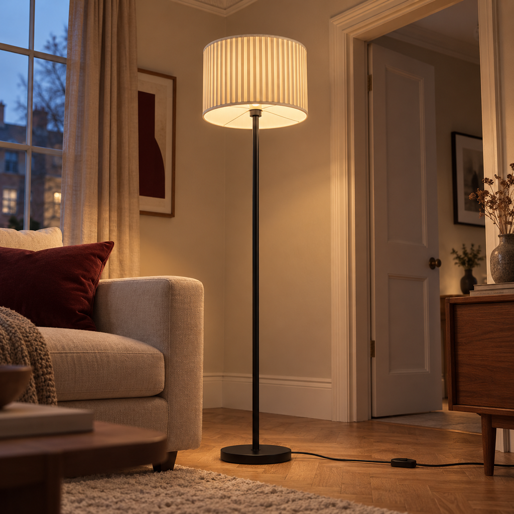 French Pleated Fabric Floor Lamp - Remote Dimmable Living Room Light